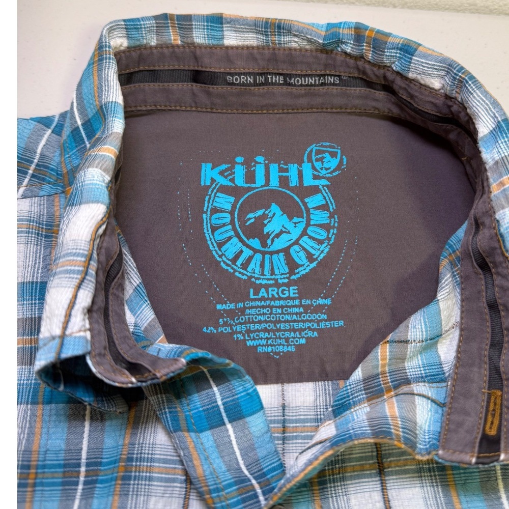 KUHL Mens Large Blue Plaid Short Sleeve Button Up Shirt Mountains Outdoor Active - Picture 3 of 11